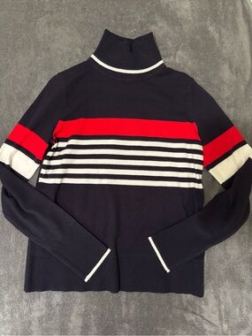Classic Navy Turtleneck Sweater with Red and White Stripes